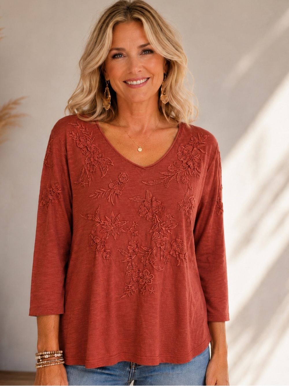 Karyn Seo NWT Rust Floral Embroidered V Neck Boho Top Medium.